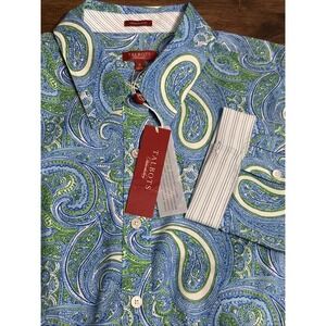 Talbots Haberdashery Non Iron Blue Paisley 3/4 Sleeve Flip Cuff Button Shirt NEW